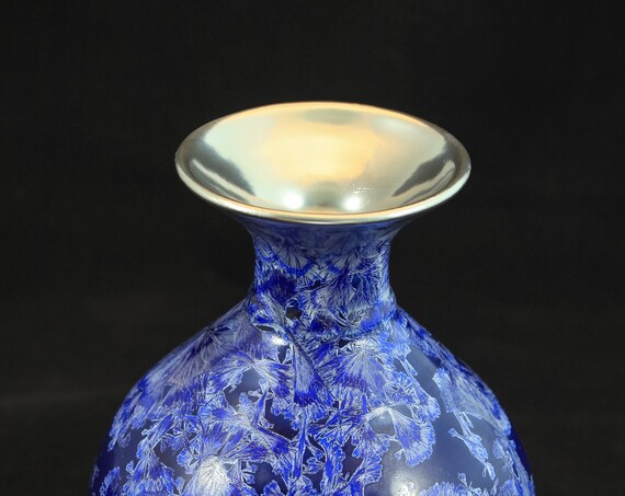 Deep Cobalt Blue With Silver Crystalline Vase