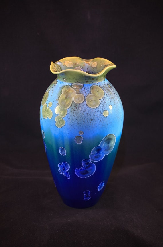 Spectacular and Large Blended Blue and Gold Crystalline Vase