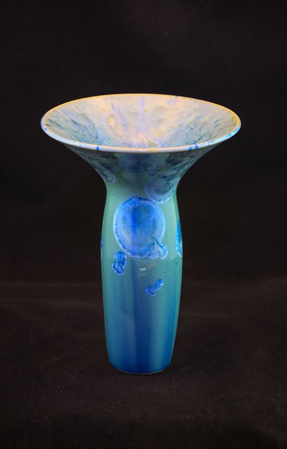 Remarkable Tall Fluted Blue/Green Ikebana Crystalline Vase