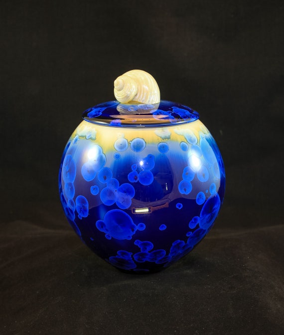 White Turbo Seashell On a Large Blended Blue Crystalline Urn or Lidded Vase #3