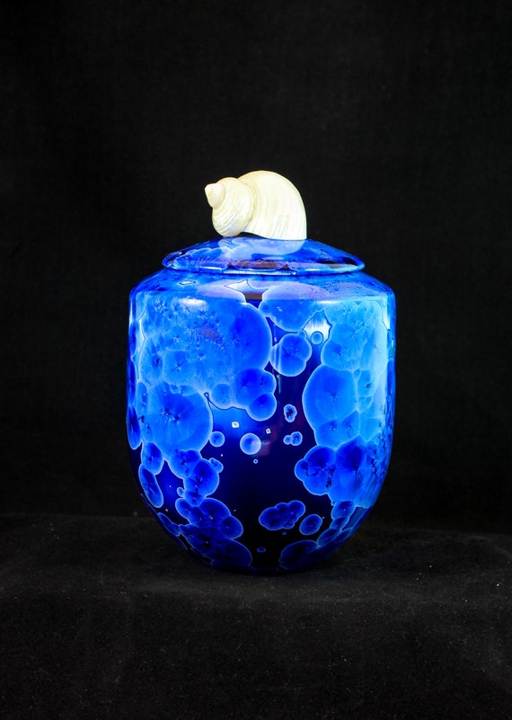 White Turbo Seashell On a Classic Shape Colbalt Blue Crystalline Urn or Lidded Vase