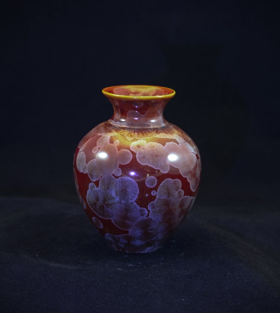 Rare Deep Red Crystalline Vase With White Crystals