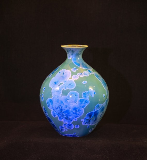 Adorable Blue Crystals on Soft Green Crystalline Vase Series 1