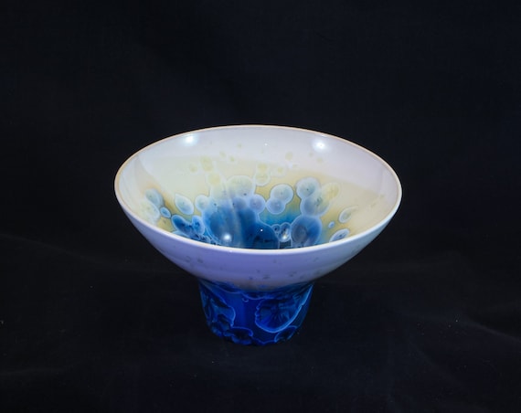 Beautiful White and  Blue Ikebana Crystalline Bowl/Vase