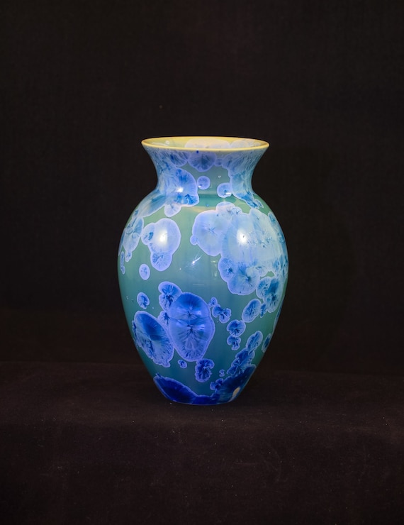 Tall & Elegant Blue Crystals on Soft Green Crystalline Vase Series #3