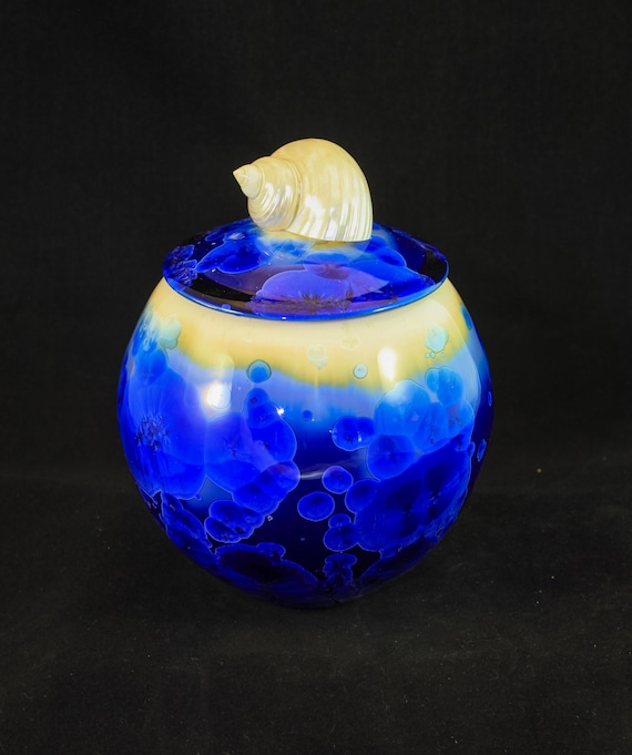 White Turbo Seashell On a Blended Blue Crystalline Urn or Lidded Vase #3