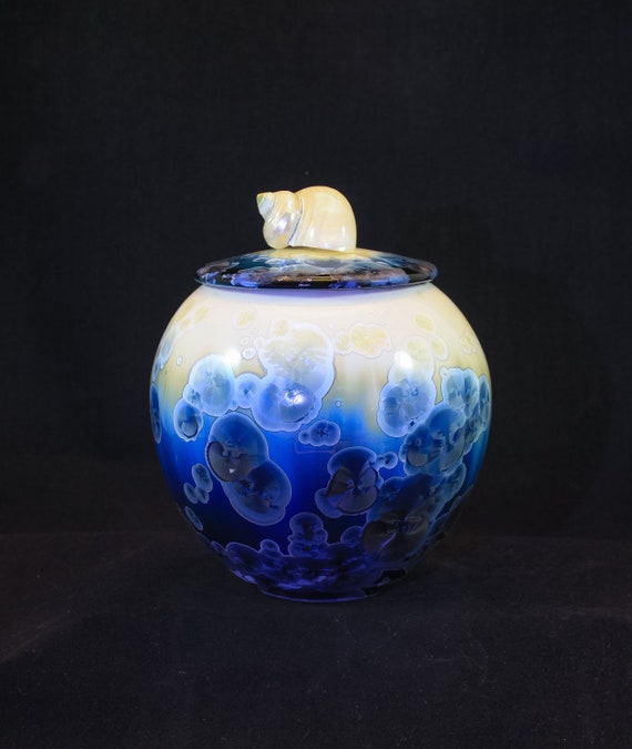 White Turbo Seashell On a Blended Blue Crystalline Urn or Lidded Vase #1