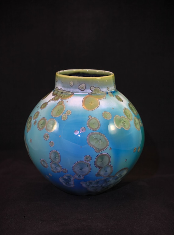 Stunning Blue With Green Round Crystalline Vase