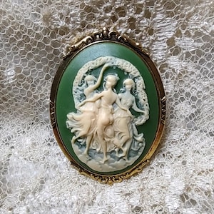 Green Cameo Brooch: Three Muses Pin, Victorian Style