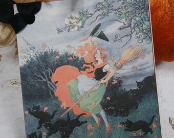 Halloween Girl with Black Cats Gift Tags: Vintage Witch Art, Set of 4