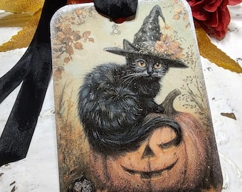Halloween Kitty Glittered Gift Tags, Black Cat and Pumpkin, Set of Four