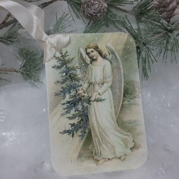Victorian Snow Angel With Tree Glittered Gift Tags, Christmas Angel Gift Tags, Set of Four