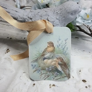May include: A rectangular gift tag with a watercolor illustration of two birds in a nest with eggs. The tag has a light blue background with sprigs of blue flowers and a gold ribbon attached at the top.