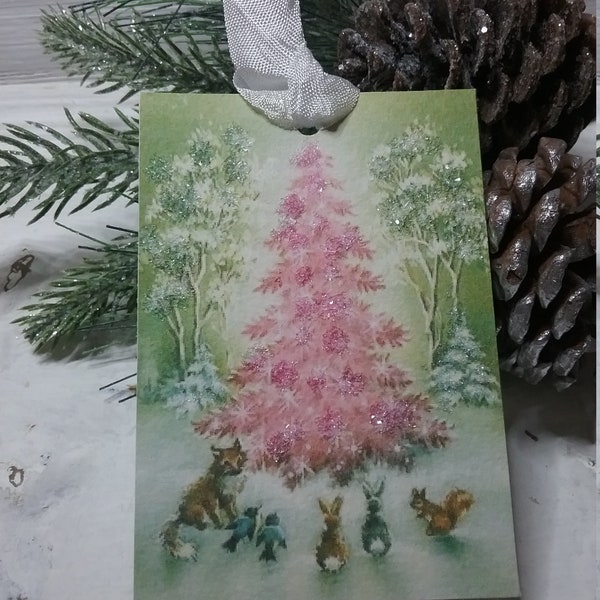 Pink Tree Christmas Tags, Vintage Style Christmas Glittered Gift Tags, Set of Four