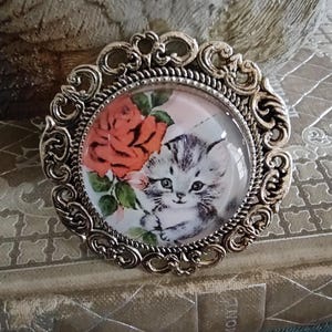 Kitten with Rose Brooch, Kitty Cat Pin, Gift for Cat Lover