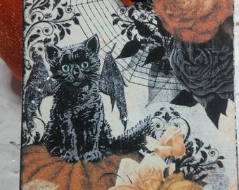 Halloween Kitty Cat Glittered Gift Tags, Handmade Fall Tags, Journaling Cards, Set of Four