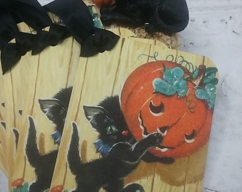 Halloween Black Kitten and Pumpkin Glittered Gift Tags, Vintage Halloween, Set of 4