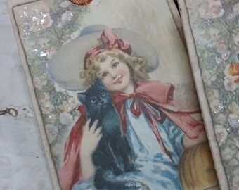 Vintage Halloween Gift Tags  Black Cat Journaling Cards Set of Four