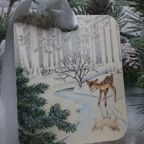 Deer In The Snow Gift Tags, Vintage Style Christmas Glittered Gift Tags, Set Of Four