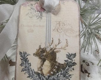 French Shabby Chic Christmas Gift Tags, Vintage Deer Glittered Journaling Cards Set of 4
