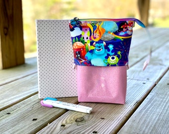 Magical Characters /& Pink Geo Glitter Vinyl Sliding Pencil Zipper Pouch great for your journal markers Pencil Case pencils and pens