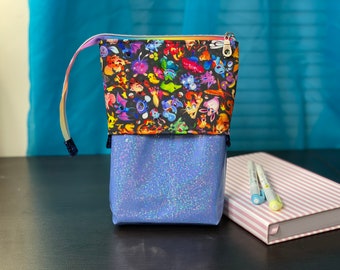 Mini Pocket Monsters and Blue Sparkle Vinyl Sliding Pencil Zipper Pouch great for your journal markers, pencils and pens | Pencil Case