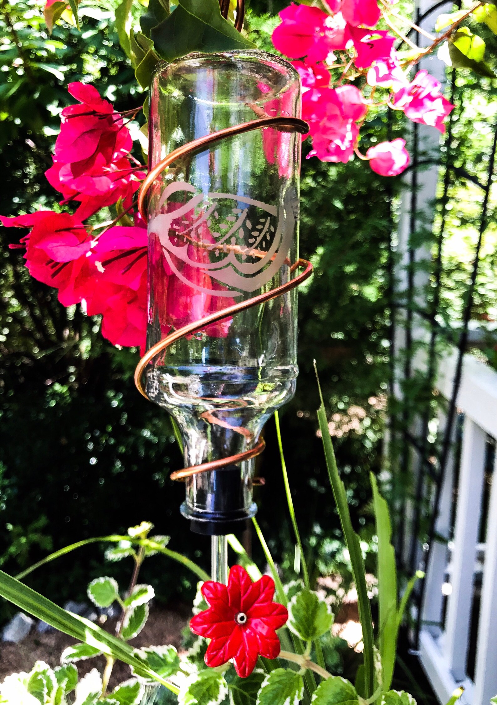 Folk art etched glass hummingbird feeder with copper wrap Etsy
