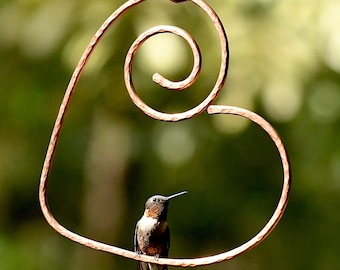 Handmade Solid Copper 'Shape of my Heart' Hummingbird Perch. Textured garden FolkArt