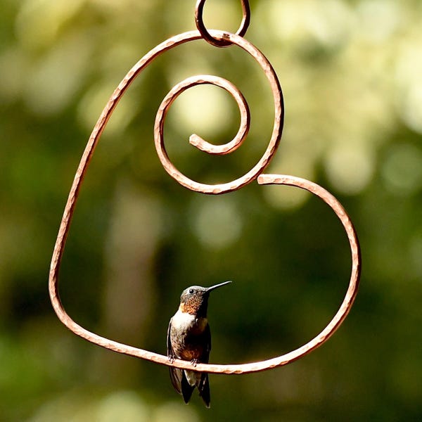 Handmade Solid Copper 'Shape of my Heart' Hummingbird Perch. Textured garden FolkArt