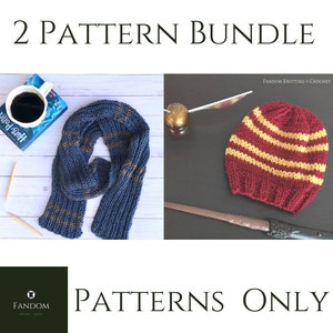 May include: A bundle of two knitting patterns. One pattern is for a blue scarf with gold stripes, and the other is for a burgundy and gold striped beanie. The image includes a book, a cup of coffee, and a wand.