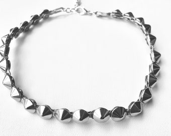 Silver Spike Choker Necklace/  Spike Choker Unique Disc Spikes/ Handmade on Steel Chain