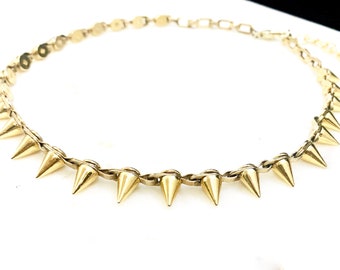 Gold Spike Choker Necklace/ Small Spikes on unconventional Chain/ Elegantly Edgy Design/Handmade