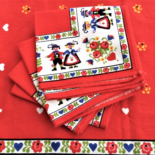 Vintage Red Scandinavian Tablecloth And 4 Napkins, Set of Four Mid Century Danish Napkins Table Cloth Linens, Folk Art Decor Kitchen Linen