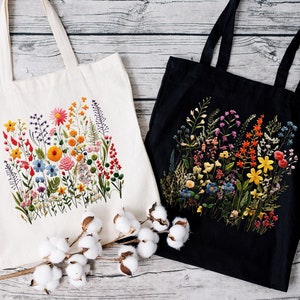 Wild Flowers  Designer Bags, wildflowers Flower Bags, Botanical Pattern Bags, wildflower Flower Canvas Tote Bags dtf print