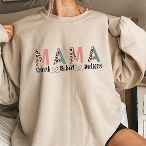 Custom Mama Sweatshirt With Kids Names, Leopard Print Personalized Mama Sweatshirt with Kid&#39;s Names,Custom Names Mom Sweatshirt,Mother&#39;s Day