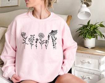 Flower Sweatshirt, Minimalistic Flower Crewneck, Vintage Crewneck,Floral Crewneck, Women's Crewneck,plant sweatshirt,vintage Sweatshirt