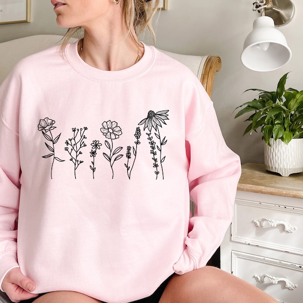 Flower Sweatshirt, Minimalistic Flower Crewneck, Vintage Crewneck,Floral Crewneck, Women's Crewneck,plant sweatshirt,vintage Sweatshirt