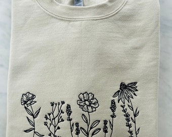 Gesticktes Wildblumen Sweatshirt, Minimalistische gestickte Blume Rundhalsausschnitt, Blumen Rundhalsausschnitt, Damen Rundhalsausschnitt, Pflanzen-Sweatshirt