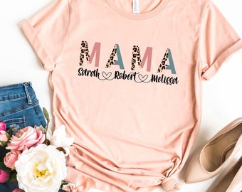 Custom Mama Shirt With Kids Names, Leopard Print Personalized Mama Shirt with Kid's Names, Custom Names Mom Shirt, Motherhood shirts