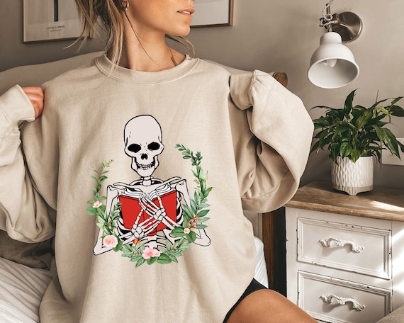 Skeleton With Book Sweatshirt, Reading Sweatshirt, Skeleton Tee,Skeleton Librarian Sweatshirt,Book Club Shirt,Halloween Skeleton Book Shirt