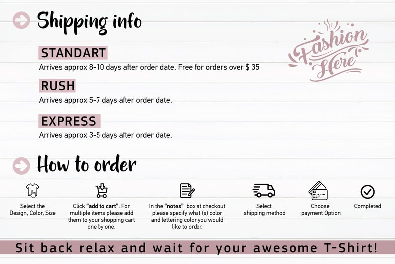 May include: A graphic with text detailing the ordering process for a T-shirt. The text includes "Shipping info", "How to order", and "Fashion Here". The image also shows icons representing the steps in the ordering process.