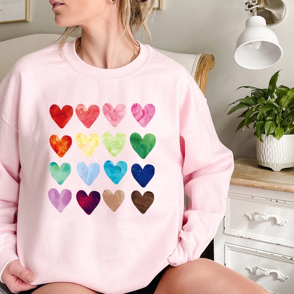 Watercolor Hearts Sweatshirt , Rainbow Hearts Sweatshirt,Rainbow heart Sweatshirt,Hand Drawn Heart Sweater,Rainbow heart sweatshirt, Colorfu