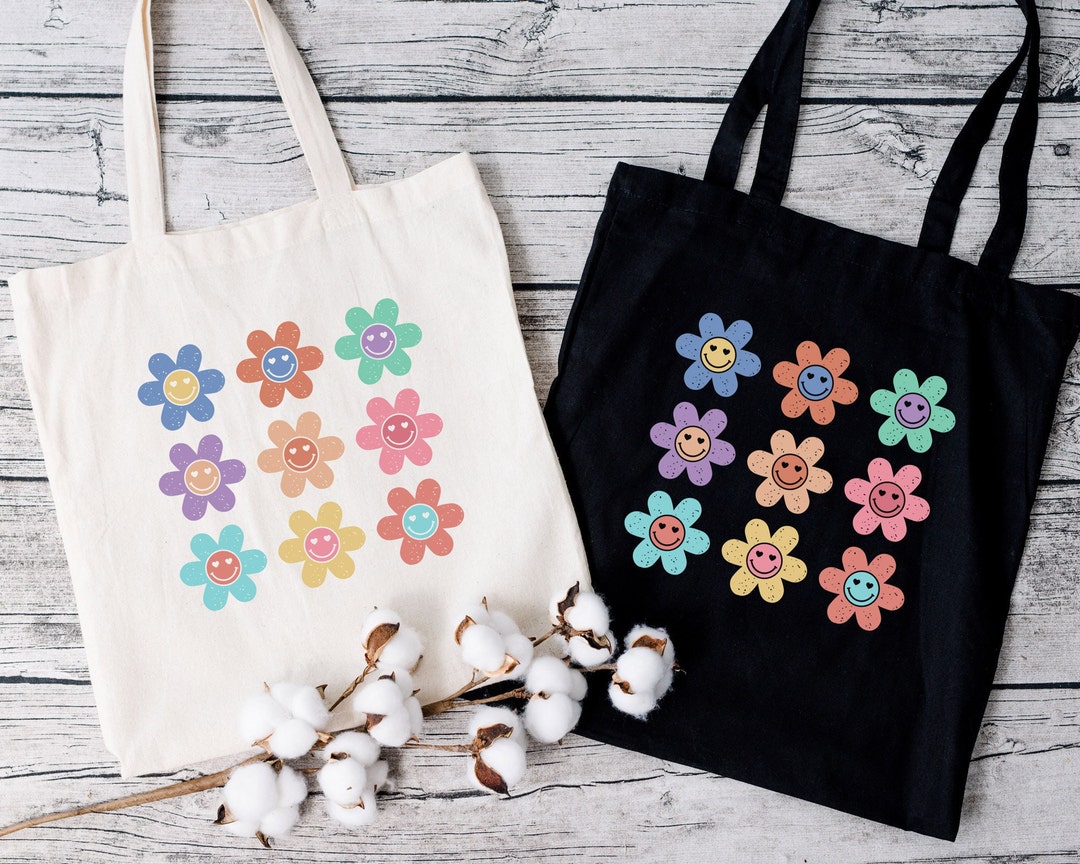 Retro Flowers Canvas Tote Bag, Smile Flowers Tote Bag, Happy Face Tote ...