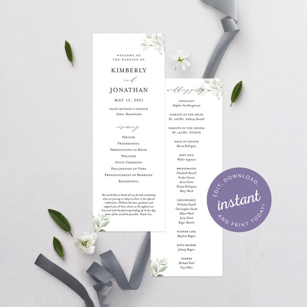 Greenery Minimalistic Wedding Program Template, Instant Download, 4x11, Simple Boho Editable Template, Corjl