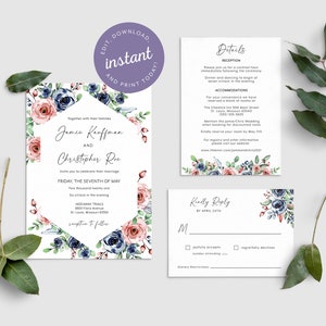Dusty Rose & Dusty Blue Rose Wedding Invitation Bundle Template, Instant Download, Simple Editable Template, Floral, Corjl