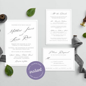 Elegant Minimalistic Script Wedding Invitation Bundle Template, Instant Download, Fancy Simple Editable Template, Corjl