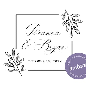 Square Wedding Event Design for Beverage Insulator, Floral Instant Download, Greenery Simple Editable Template, Corjl