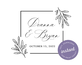 Square Wedding Event Design for Beverage Insulator, Floral Instant Download, Greenery Simple Editable Template, Corjl
