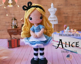May include: Amigurumi crochet pattern for Alice in Wonderland. The pattern is in English. The image shows a crocheted doll of Alice with blonde hair, a blue and white dress, and black and white striped stockings. The doll is standing on a clear stand.