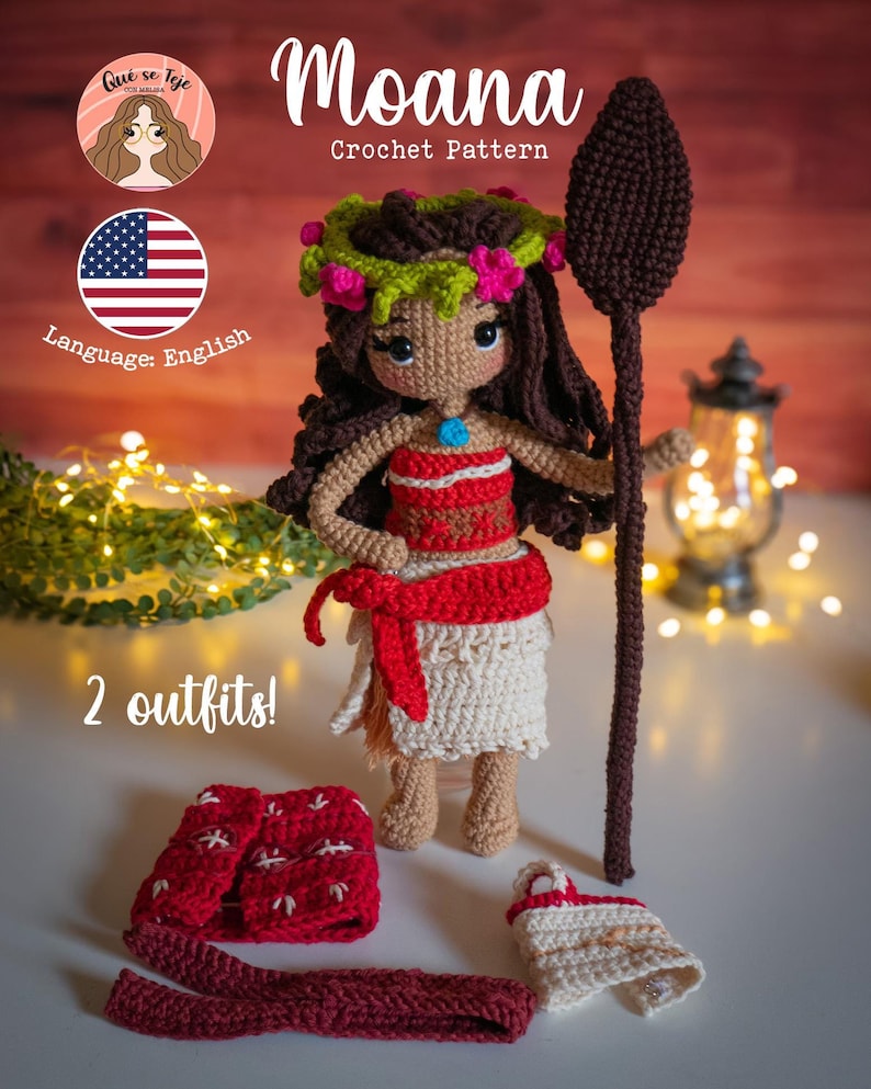 May include: Crochet pattern for a Moana doll with two outfits. The doll is wearing a red top, white skirt, and a flower crown. She is holding a brown wooden staff. The doll is standing on a white surface with a red and white outfit and a brown belt.
